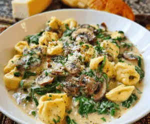 Creamy tortellini pasta with fresh spinach and sautéed mushrooms served in a white bowl, featuring a rich and savory sauce