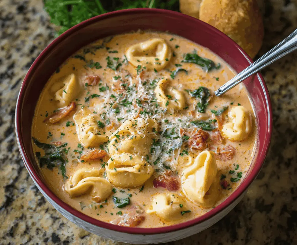 Creamy Tuscan garlic tortellini soup in a bowl garnished with fresh herbs, showcasing rich, flavorful ingredients and a creamy texture
