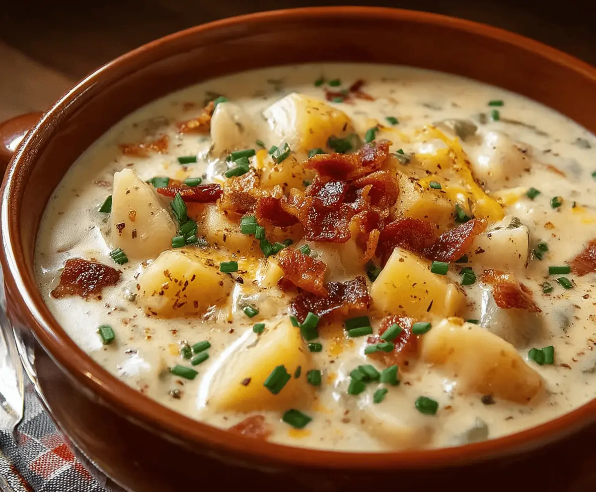 Creamy Crock Pot Crack Potato Soup served in a bowl with bacon, shredded cheese, and green onions garnished on top