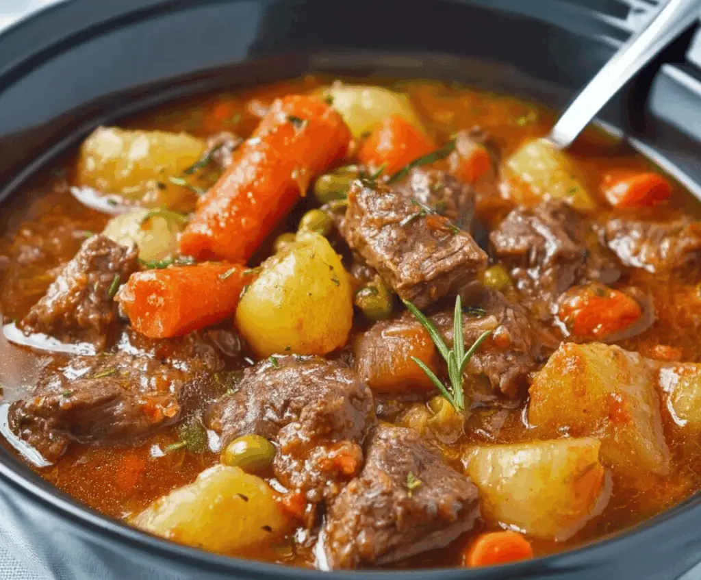 Hearty crockpot beef stew with tender beef chunks, vegetables, and rich broth in a rustic bowl.