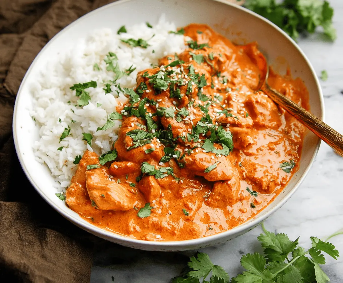 Creamy Crockpot Butter Chicken served with rice and fresh herbs, perfect for a flavorful and easy dinner