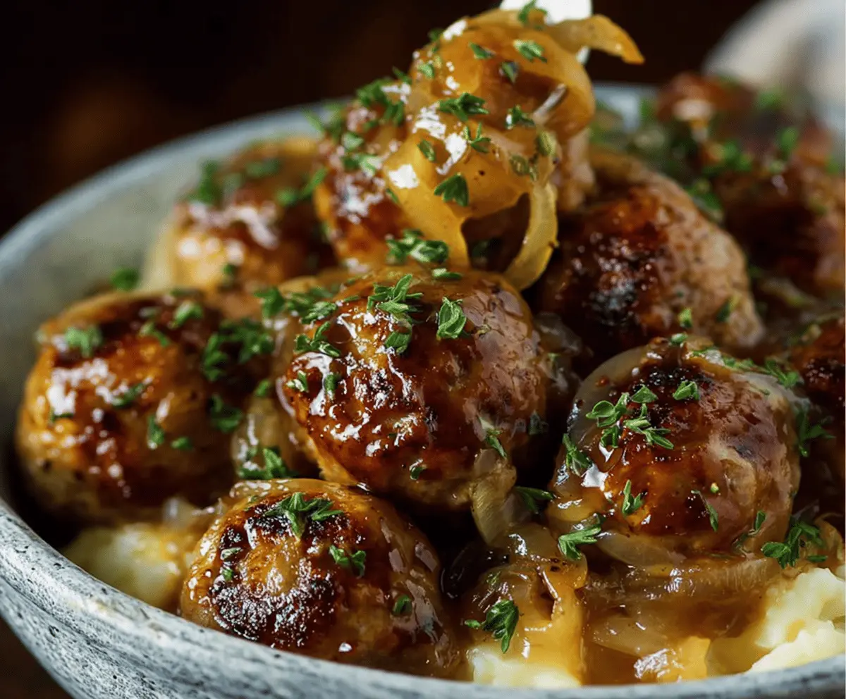 Savory crockpot French onion meatballs served in a bowl with melted cheese and caramelized onions, perfect for a delicious appetizer or snack