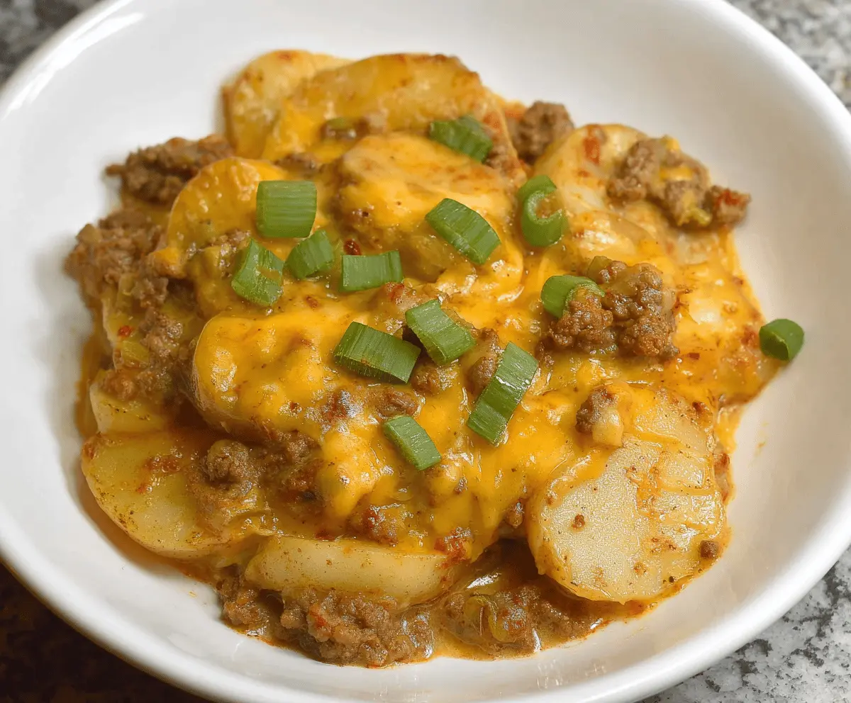 Delicious Crockpot Hamburger Potato Casserole with melted cheese, topped with fresh herbs, served in a bowl