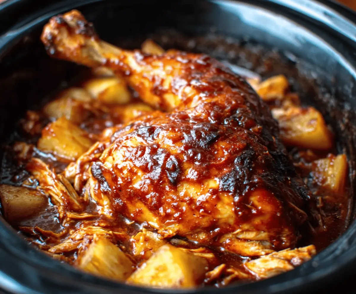 Juicy Crockpot Pineapple BBQ Chicken served with fresh pineapple slices and colorful vegetables on a plate.