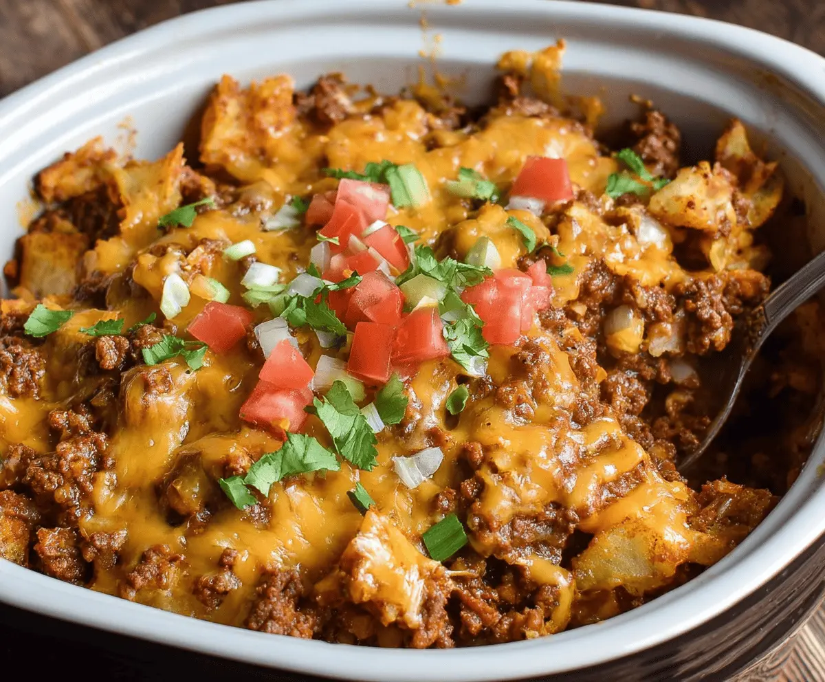Delicious Crockpot Taco Casserole topped with melted cheese, fresh lettuce, and diced tomatoes in a slow cooker dish