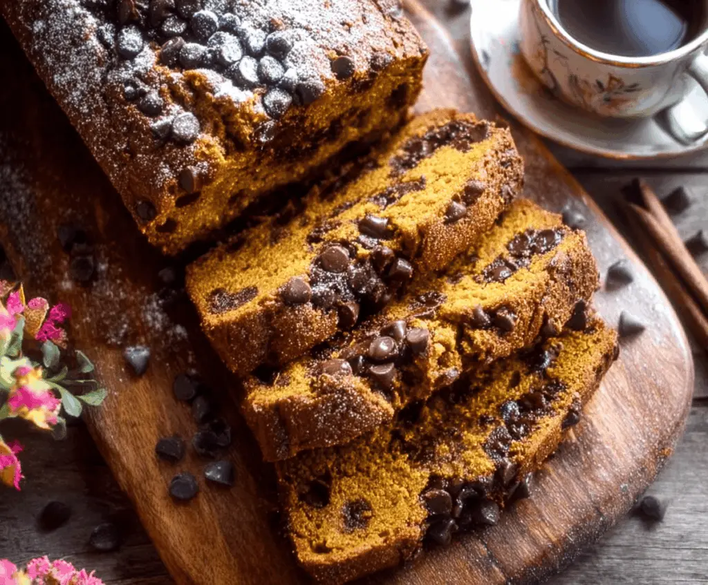 A slice of moist pumpkin bread loaded with chocolate chips, garnished with a sprinkle of cinnamon on a rustic plate