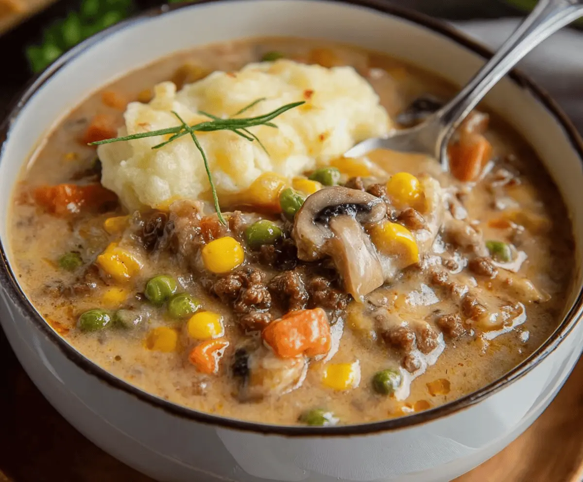 A bowl of hearty Shepherd’s Pie Soup topped with melted cheese and fresh herbs, served with crusty bread on the side.