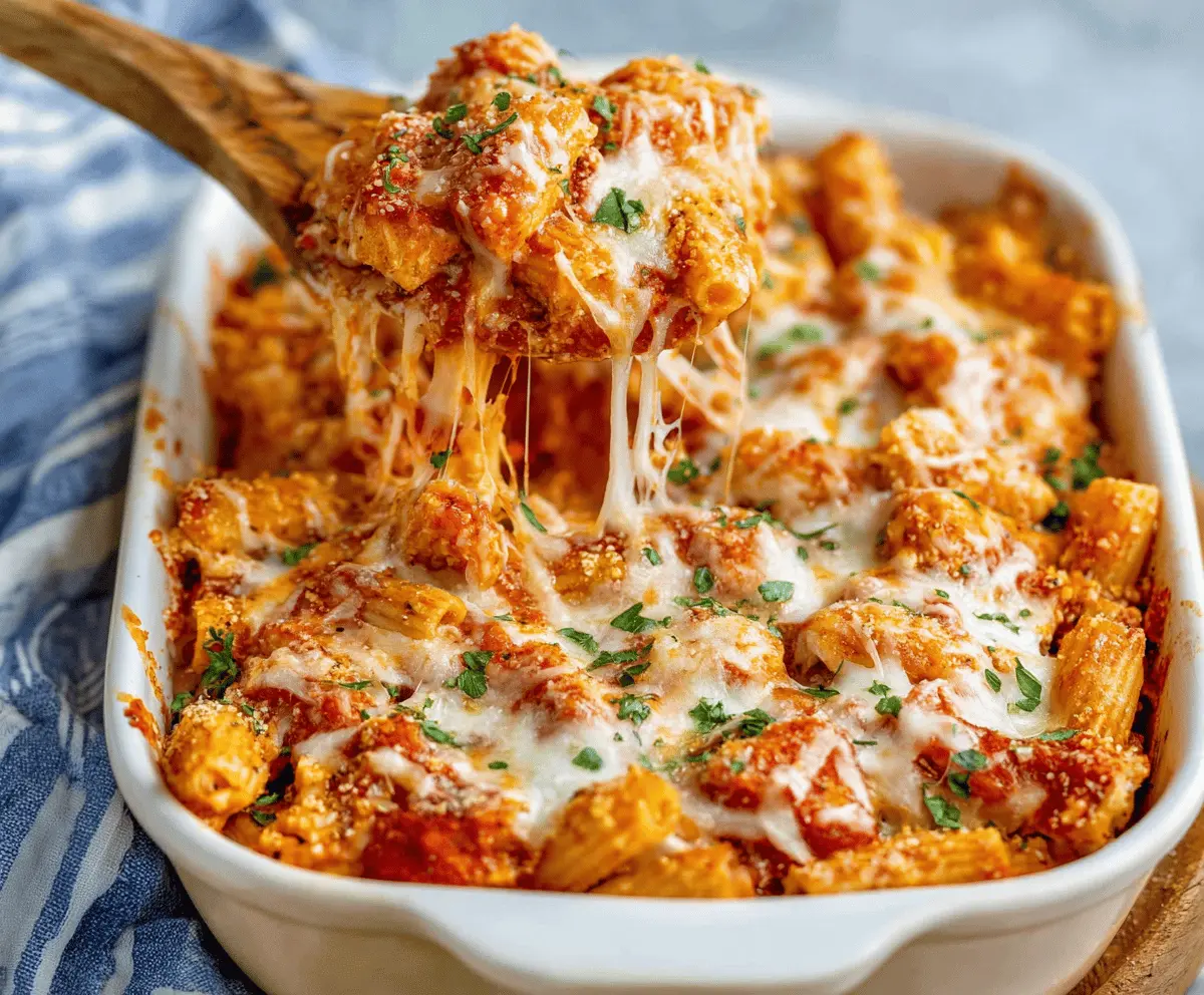 Delicious Dump-and-Bake Chicken Parmesan Casserole with melted cheese, marinara sauce, and golden breading served in a baking dish