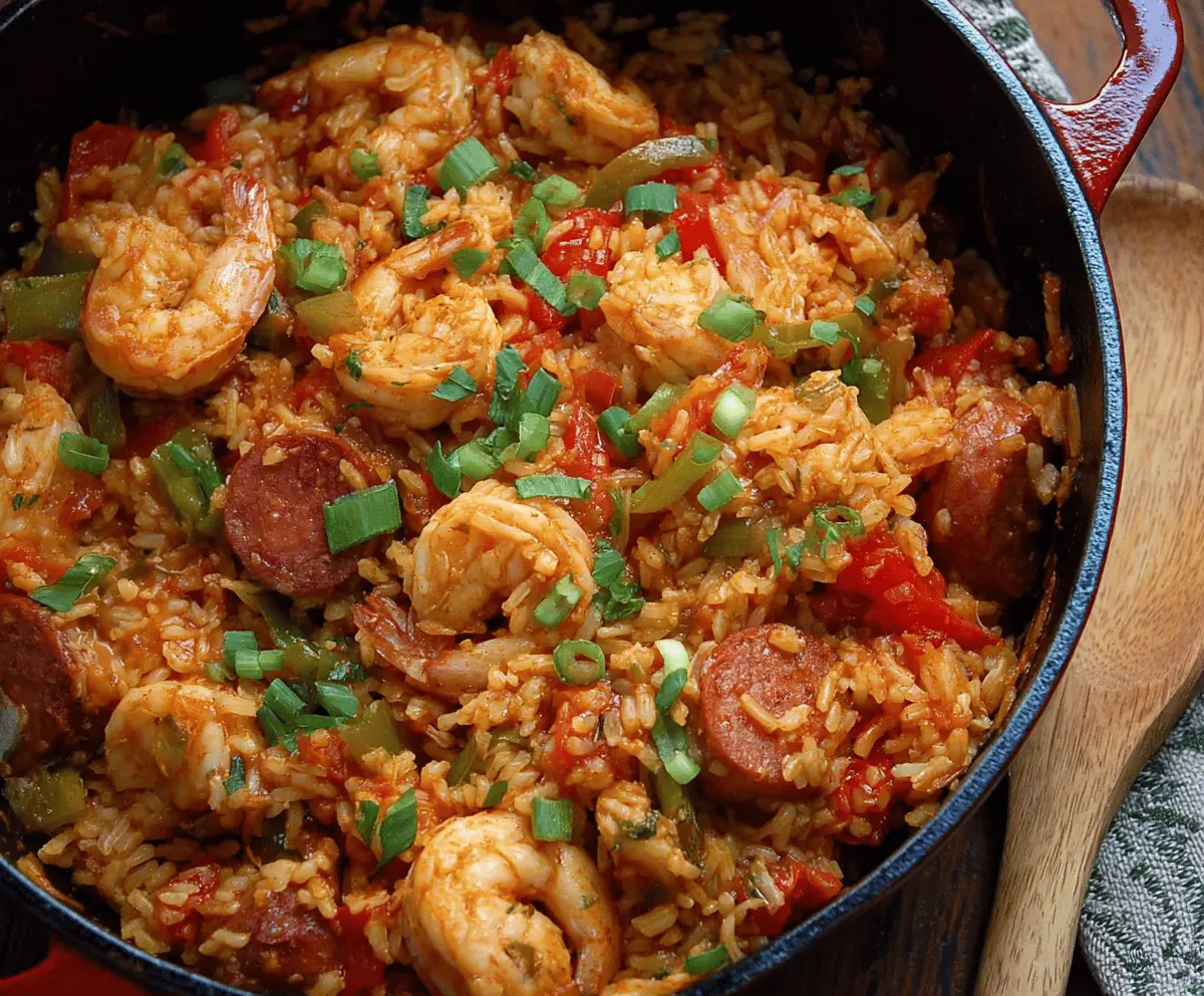 Delicious and easy homemade jambalaya with colorful vegetables, sausage, and rice in a savory skillet, perfect for a flavorful Cajun-inspired meal.