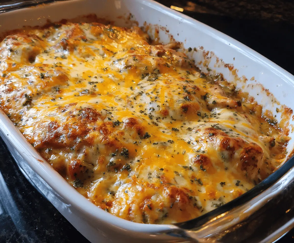 Delicious Easy Low Carb Chicken Casserole topped with melted cheese and fresh herbs, perfect for a healthy family dinner.