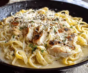 Creamy Parmesan Chicken Pasta with tender chicken, al dente pasta, and melted cheese, served on a white plate garnished with fresh herbs.