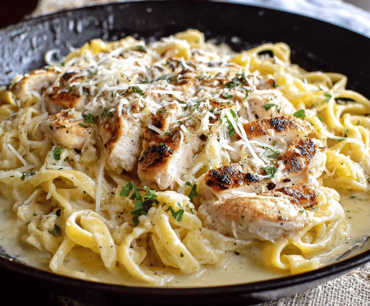Creamy Parmesan Chicken Pasta with tender chicken, al dente pasta, and melted cheese, served on a white plate garnished with fresh herbs.