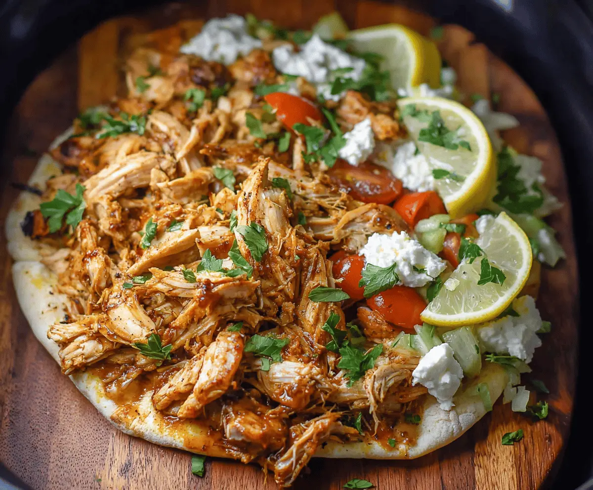 Creamy and flavorful slow cooker chicken shawarma with spices, served with fresh vegetables and pita bread—perfect for easy, delicious Mediterranean-inspired meals.