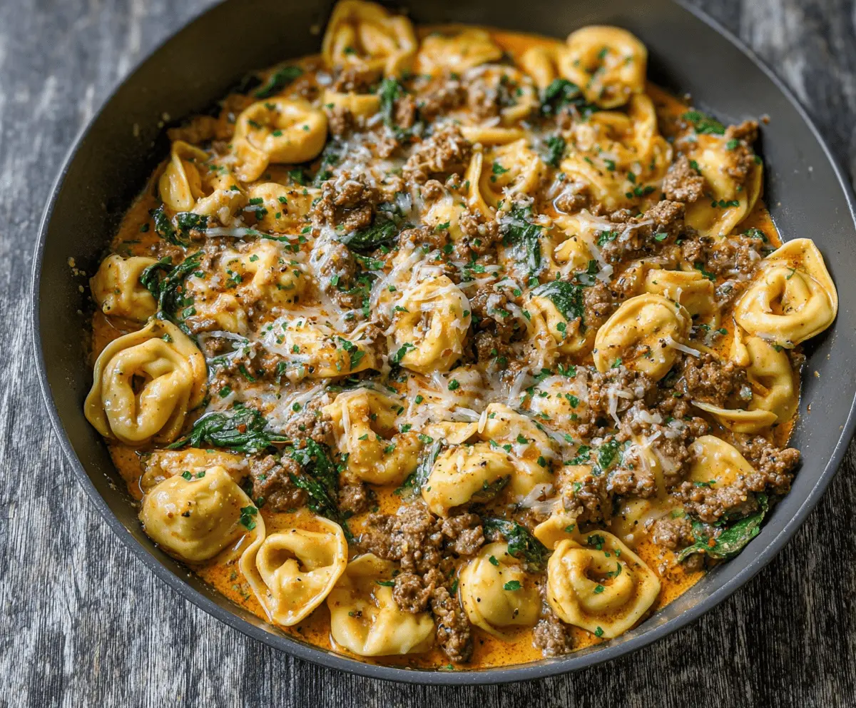 Creamy garlic butter beef and spinach tortellini dish with melted cheese, fresh spinach, and savory beef chunks served on a white plate.
