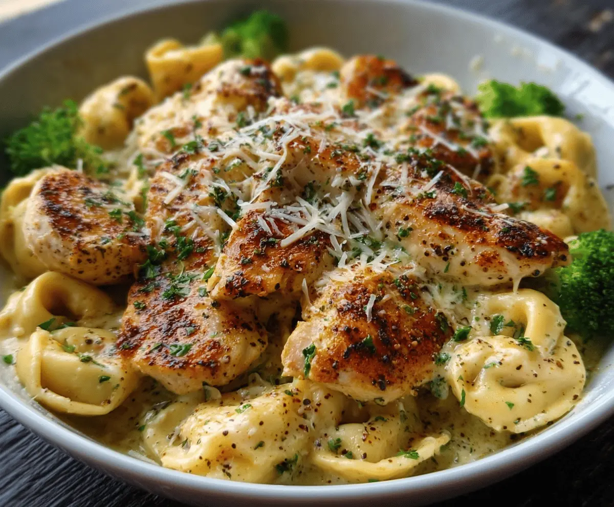 Creamy garlic Parmesan chicken tortellini dish garnished with fresh herbs and grated cheese, featuring tender pasta, sautéed chicken, and flavorful sauce.