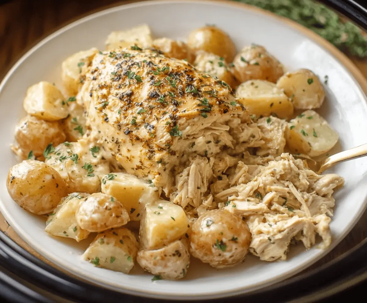 Tender garlic Parmesan crockpot chicken and roasted potatoes served on a plate, garnished with fresh herbs