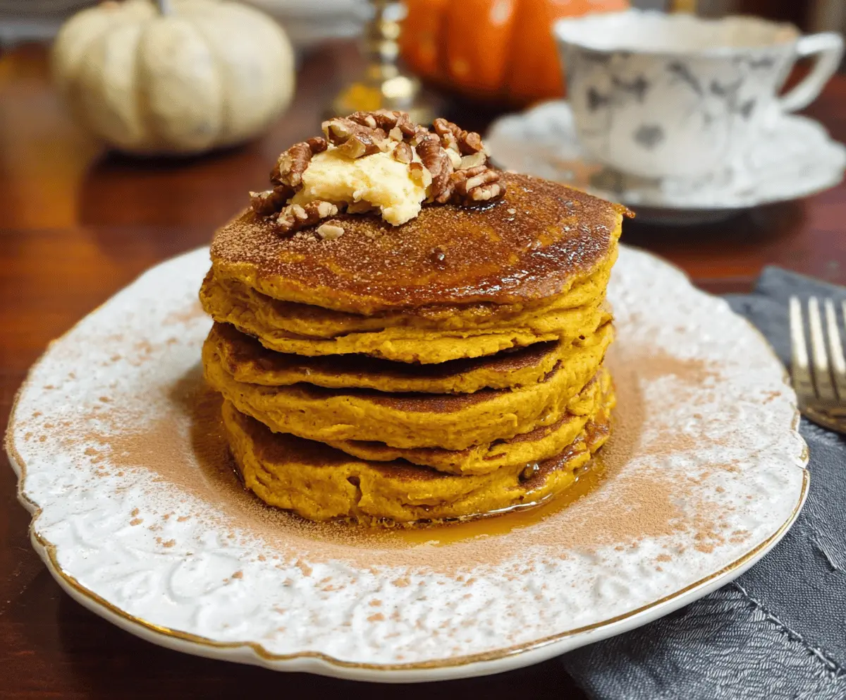 Delicious Gilmore Girls inspired pumpkin pancakes topped with whipped cream and cinnamon for a cozy fall breakfast.
