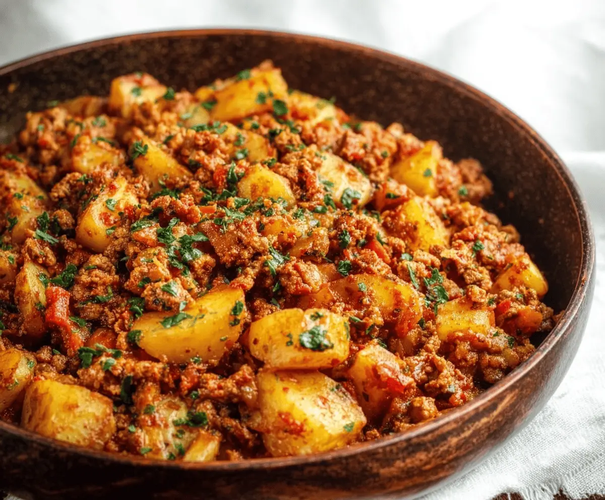 Delicious ground turkey with crispy roasted potatoes served on a plate, perfect for a healthy and hearty meal.