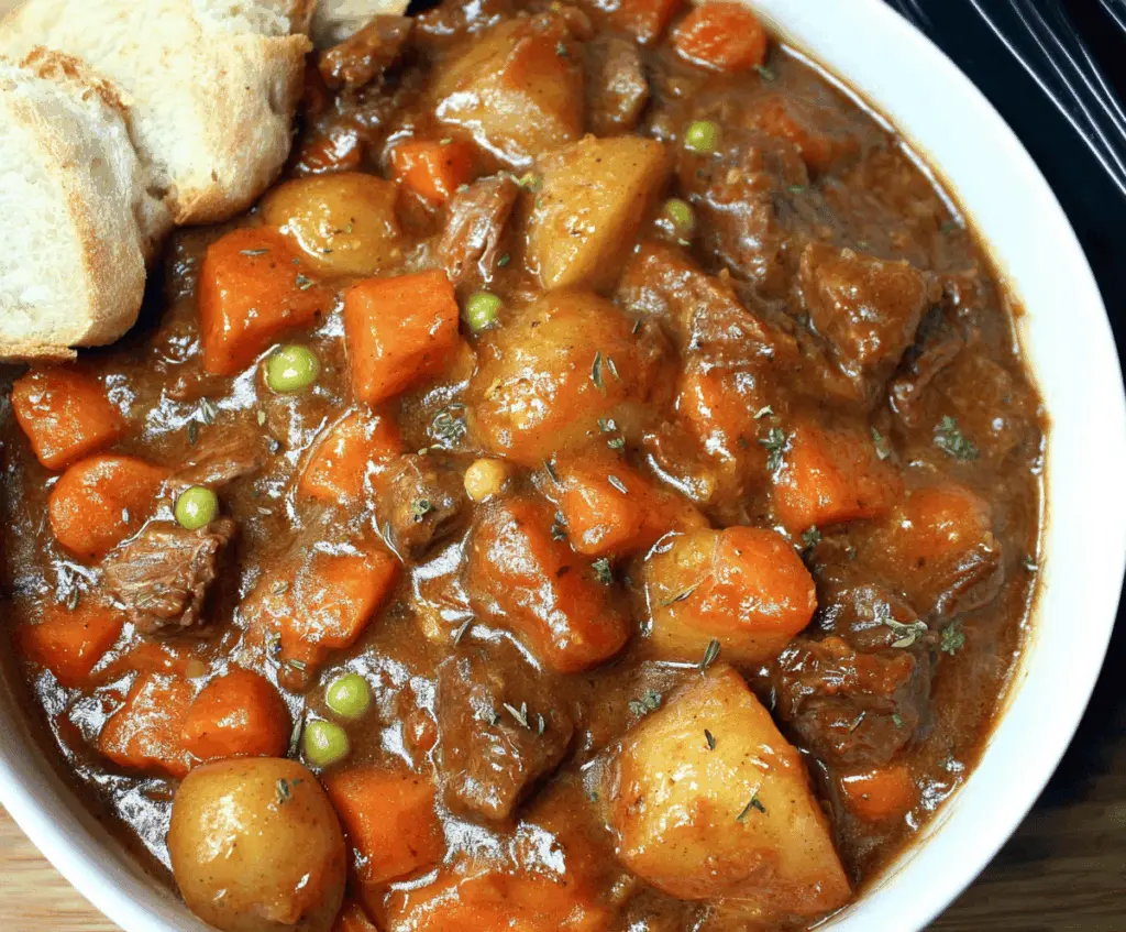 A steaming bowl of hearty classic beef stew with tender beef chunks, vegetables, and rich gravy served in a rustic bowl.