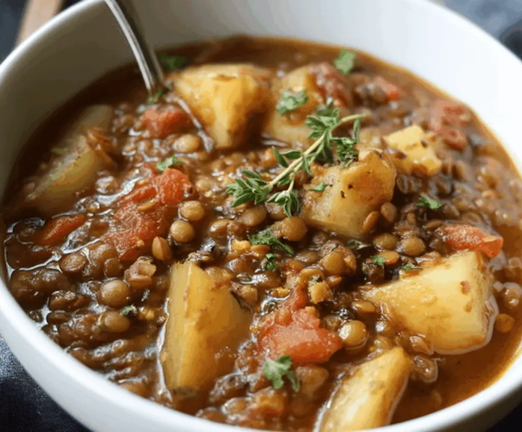 A bowl of hearty lentil and potato soup garnished with fresh herbs, served with crusty bread on a rustic wooden table.