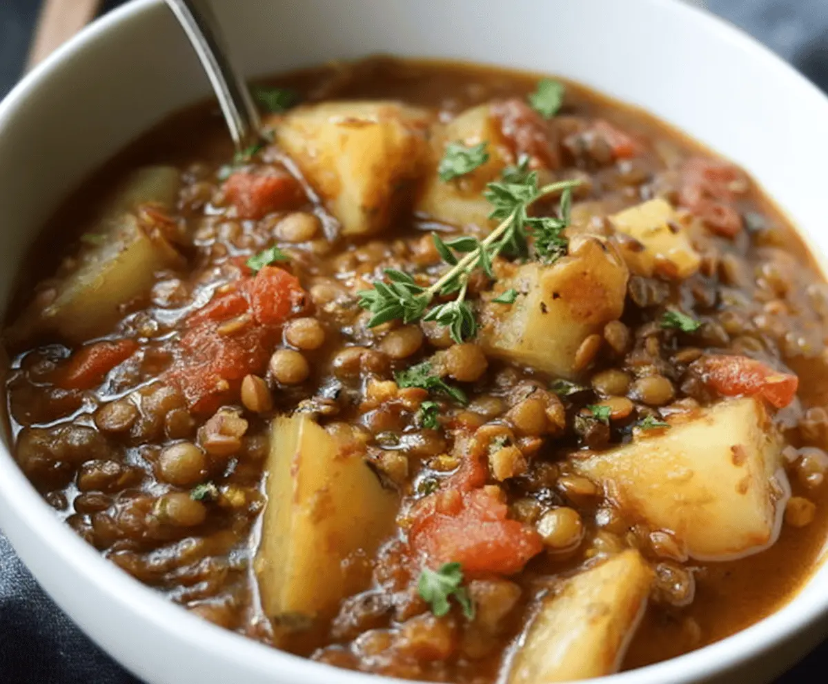 A bowl of hearty lentil and potato soup garnished with fresh herbs, served with crusty bread on a rustic wooden table.