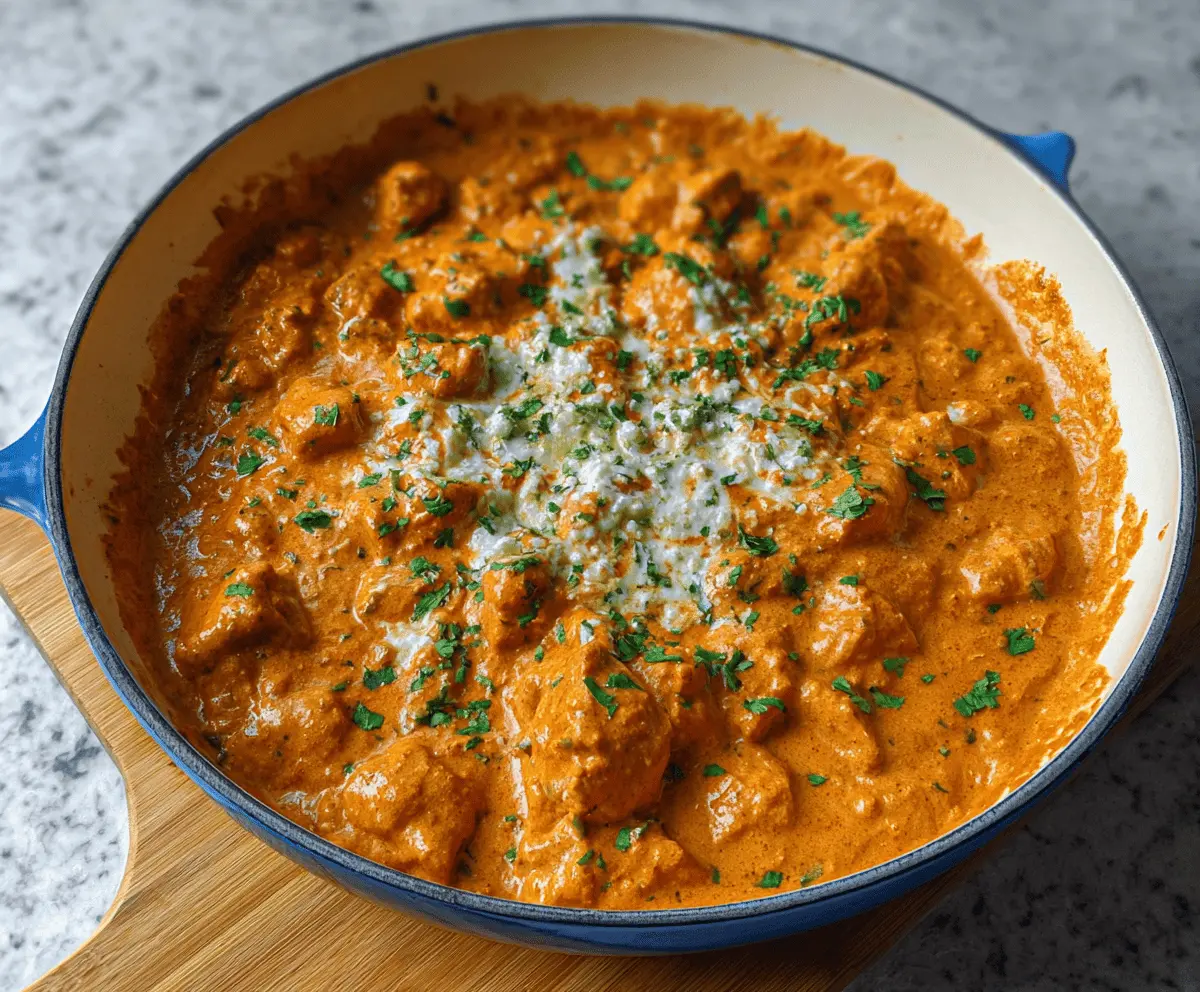 Delicious homemade butter chicken served with rice and garnished with fresh herbs, perfect for a flavorful Indian meal.