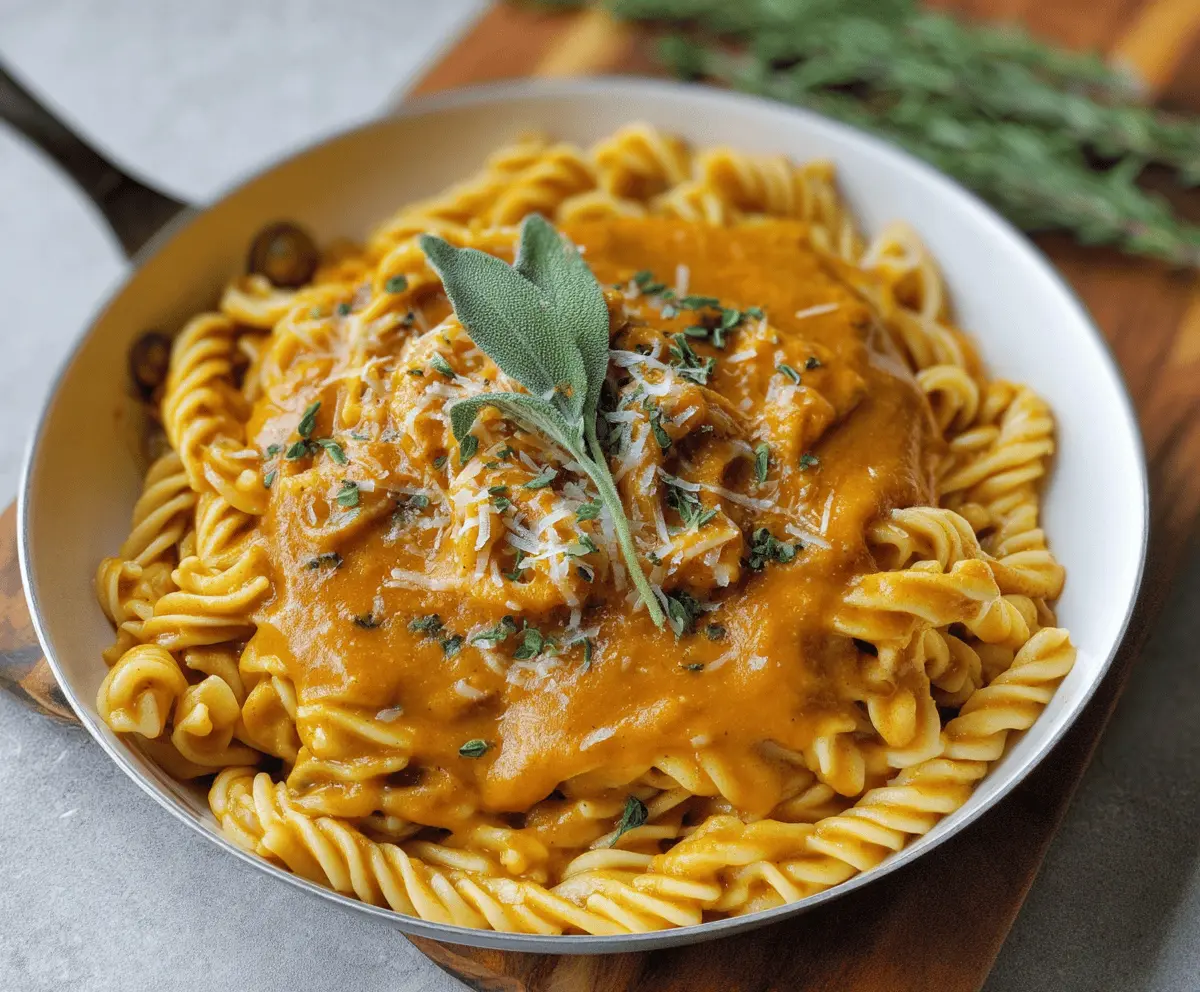 Creamy homemade pumpkin pasta sauce served over al dente noodles, garnished with fresh herbs and grated cheese, perfect for a seasonal fall meal.