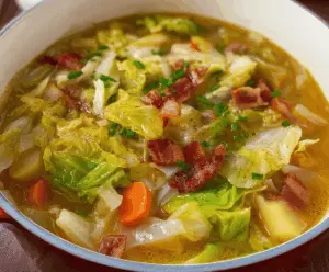 Hearty Irish Bacon, Cabbage, and Potato Soup in a bowl with fresh herbs and bread