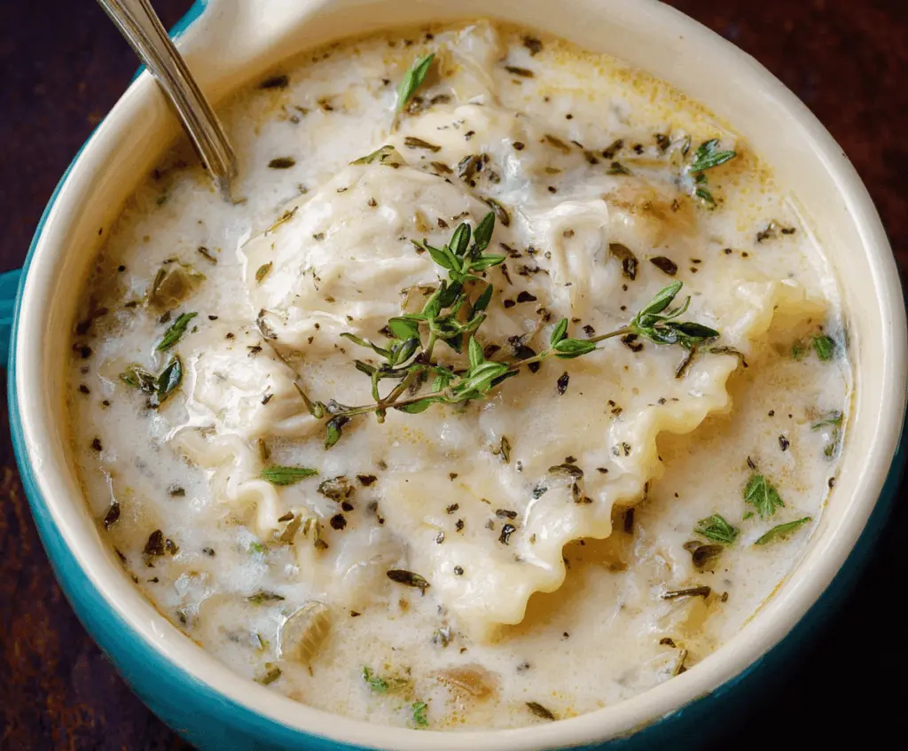 Creamy white chicken lasagna soup with tender shredded chicken, melted cheese, and fresh herbs in a savory broth—perfect comfort food recipe