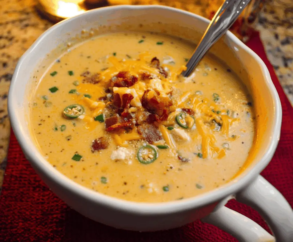 Creamy jalapeno popper soup garnished with crispy bacon, shredded cheese, and fresh chopped herbs in a bowl, showcasing a spicy, cheesy comfort dish.