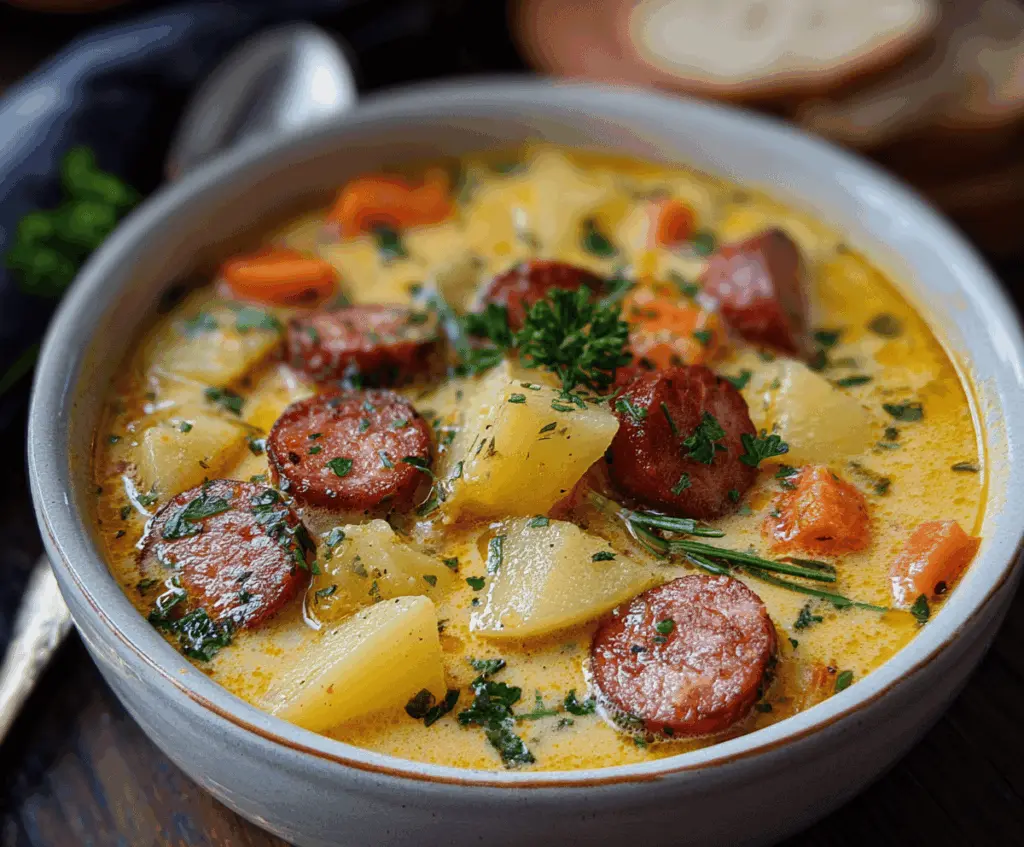 Creamy kielbasa potato soup garnished with fresh herbs and served in a bowl, featuring slices of kielbasa sausage, diced potatoes, and a savory broth.
