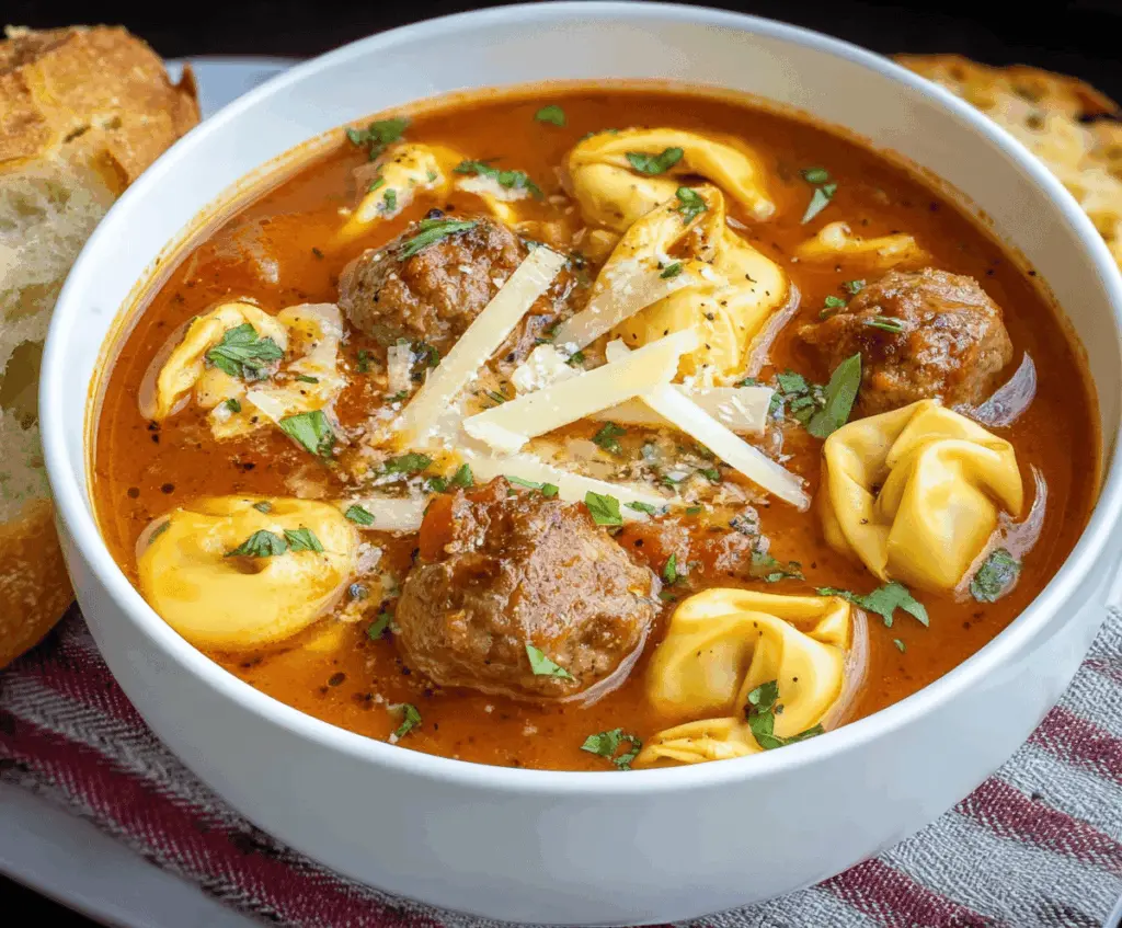 A bowl of hearty meatball soup with cheese tortellini garnished with fresh herbs, served steaming hot.