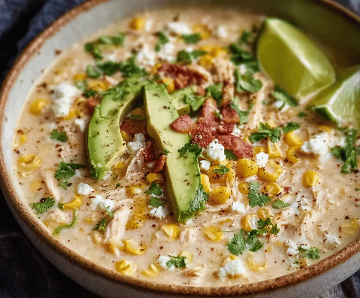 Creamy Mexican Street Corn White Chicken Chili topped with fresh cilantro and crumbled cheese, served in a bowl with corn, shredded chicken, and spices.