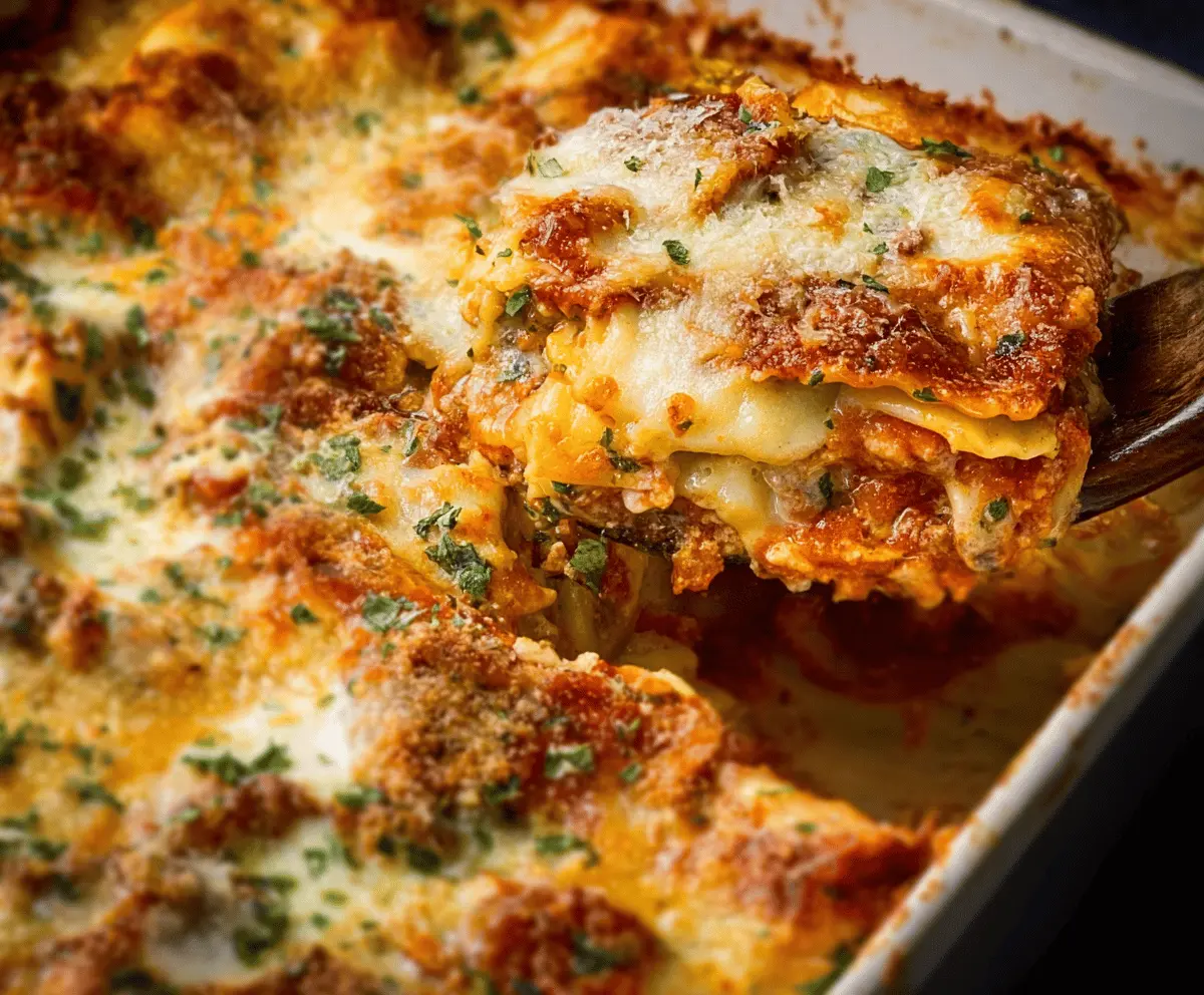 Delicious Million Dollar Ravioli Casserole topped with melted cheese and fresh herbs, served in a baking dish, perfect for a hearty family meal.