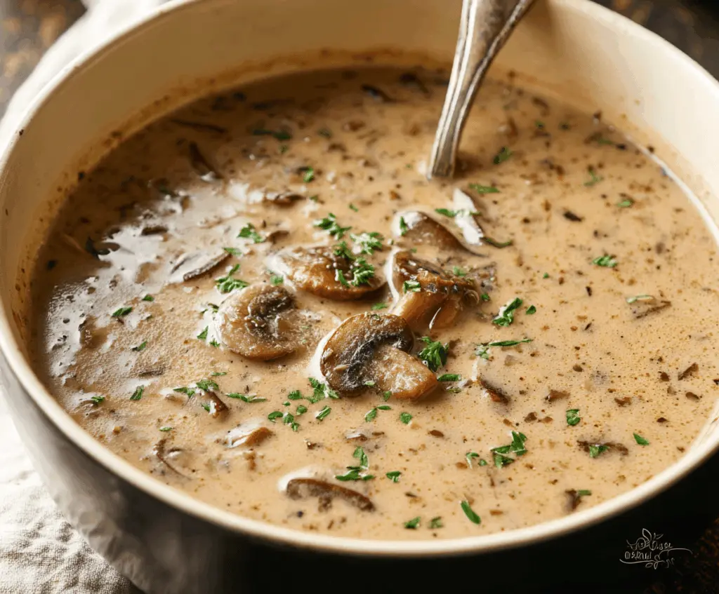 Creamy mushroom soup served in a bowl garnished with fresh herbs and sliced mushrooms, perfect for a cozy meal.
