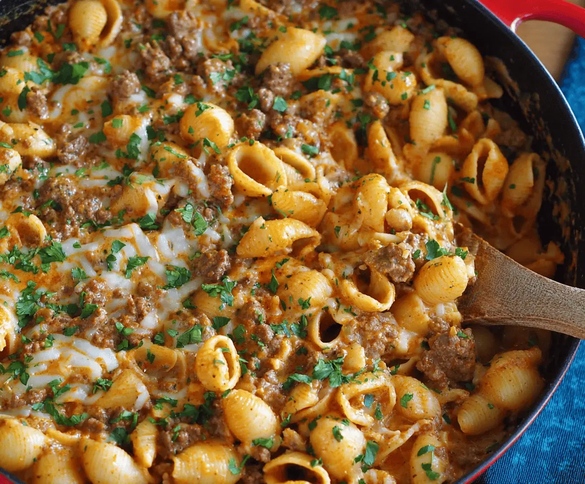 Creamy beef and shell pasta dish in a pot, featuring tender ground beef, cheese-filled pasta shells, and a rich, creamy sauce for a comforting meal.