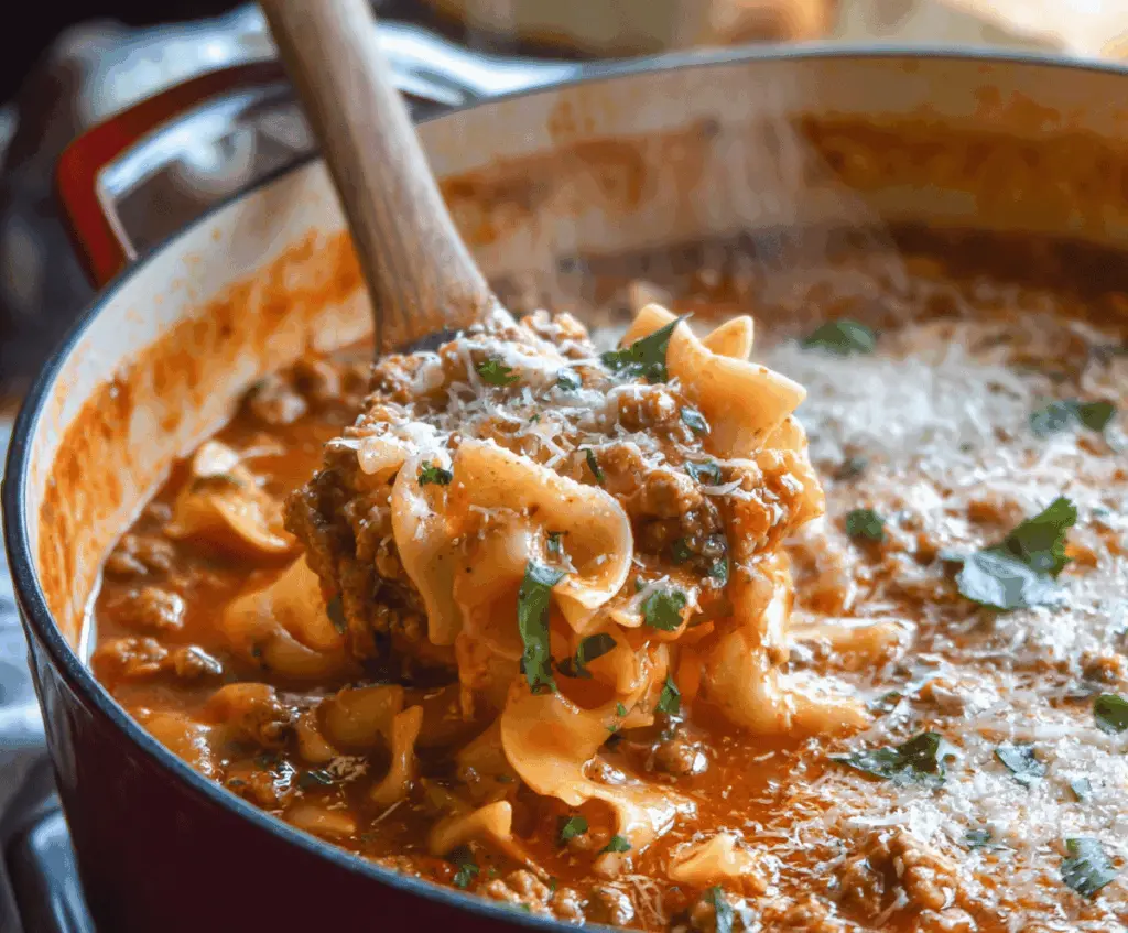 Creamy and hearty One Pot Lasagna Soup with layers of ground beef, pasta, and melted cheese in a flavorful tomato broth