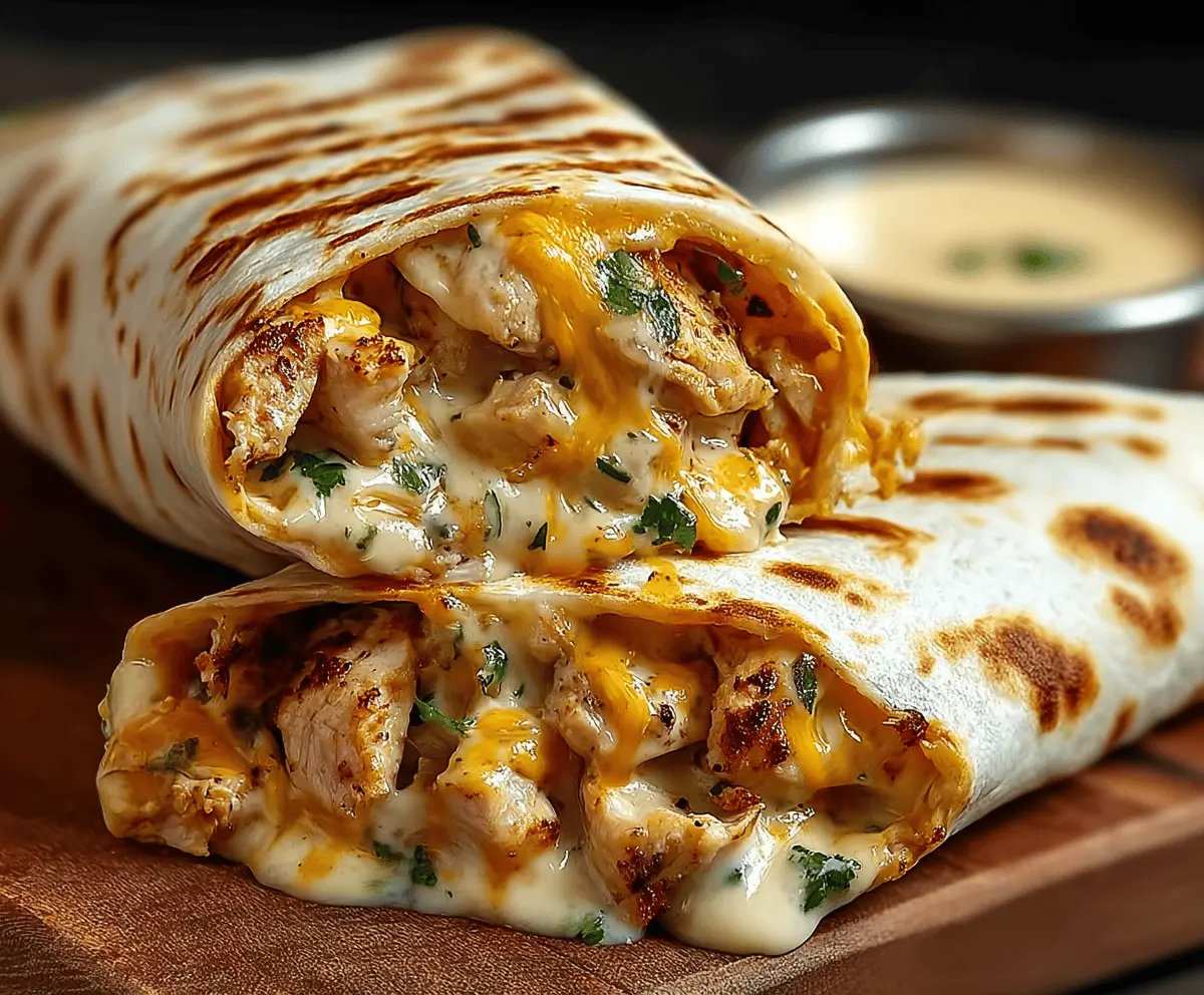 Delicious Ooey-Gooey Cheesy Garlic Chicken Wraps on a plate, showcasing melted cheese, crispy garlic chicken, and fresh ingredients for a flavorful meal