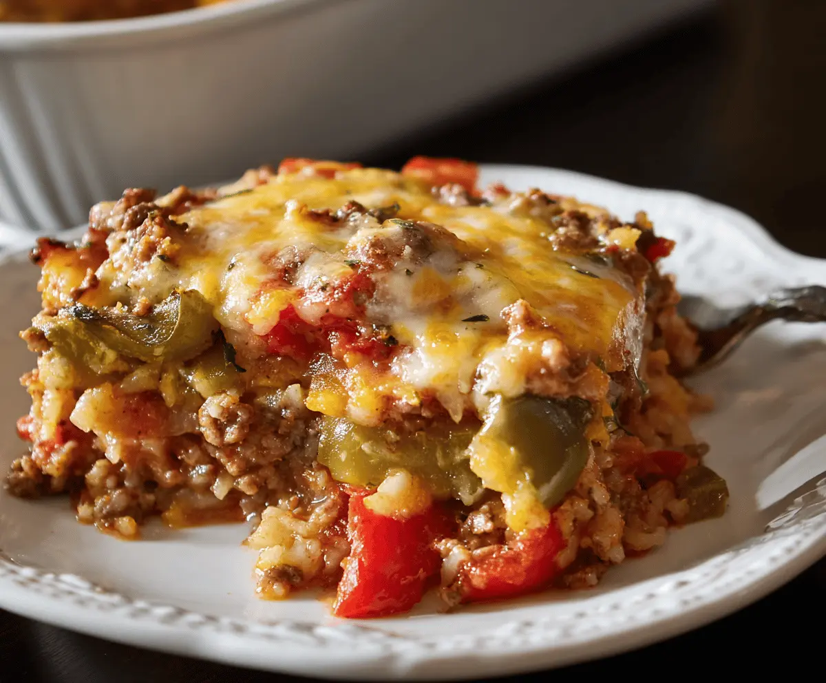 Delicious Pioneer Woman Stuffed Pepper Casserole with colorful bell peppers, ground beef, melted cheese, and fresh herbs on a serving plate