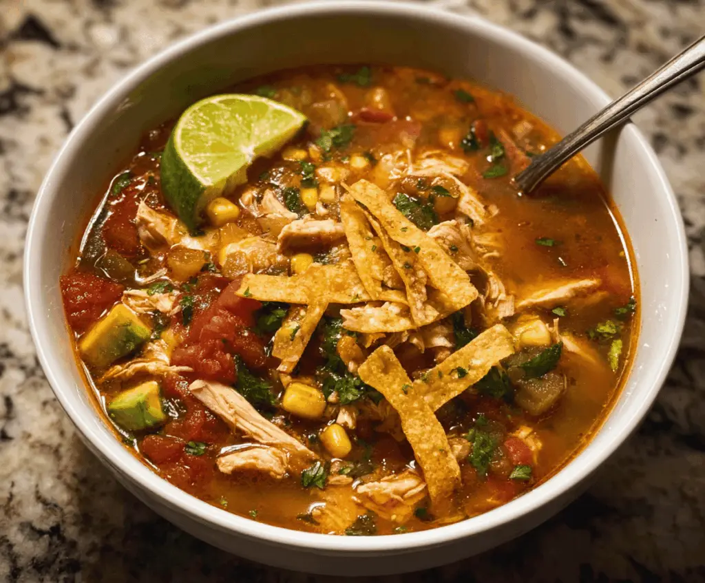 Creamy Poblano Chicken Tortilla Soup served in a bowl with chopped cilantro and shredded cheese, garnished with tortilla strips and lime wedges.