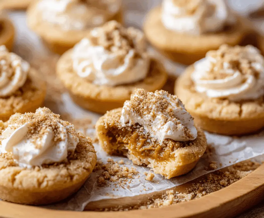 Delicious Pumpkin Cheesecake Cookie Bites topped with whipped cream and sprinkles on a decorative plate, perfect for fall desserts