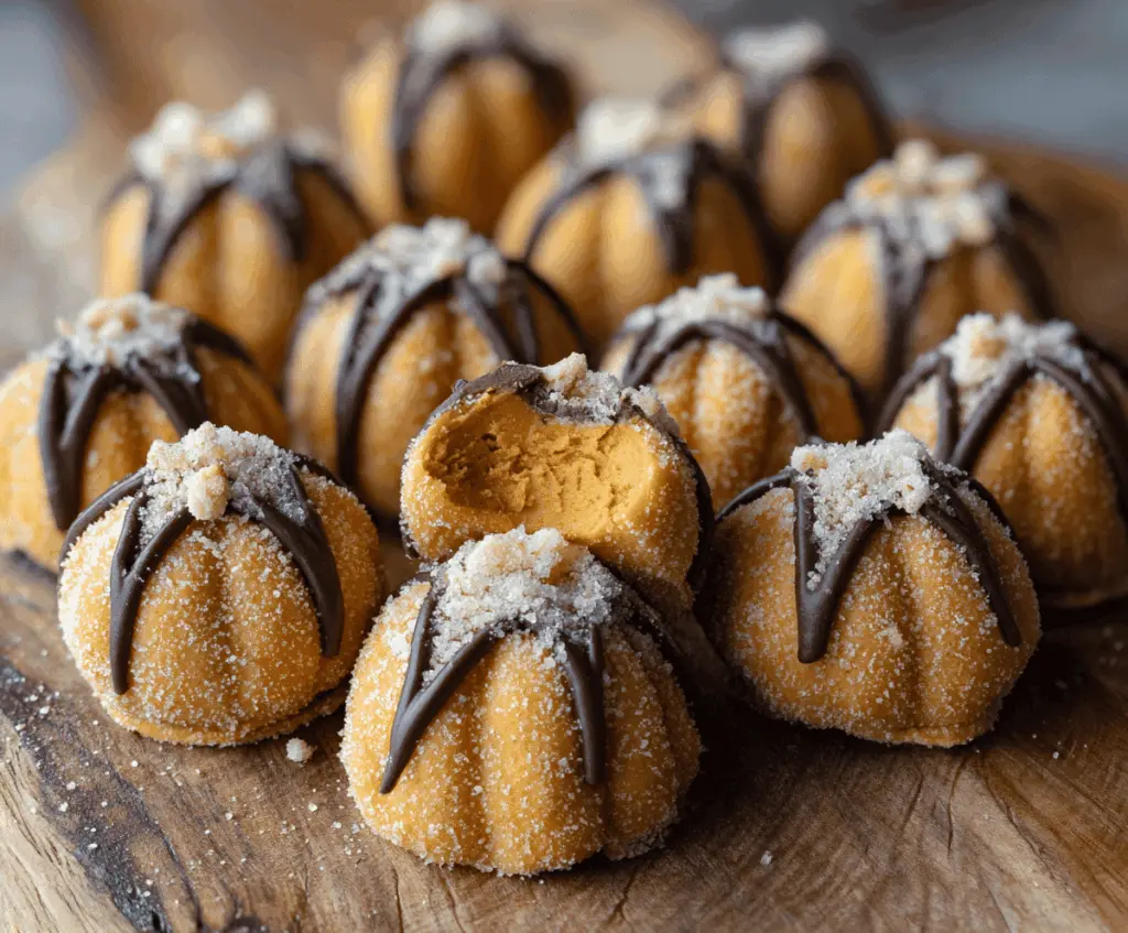 Delicious Pumpkin Cheesecake Truffle Bites with creamy filling and chocolate coating, perfect for fall desserts and holiday treats.
