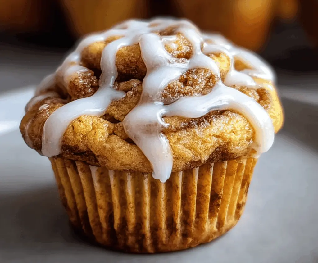 Delicious pumpkin cinnamon roll muffin topped with icing, perfect for fall breakfast or snack