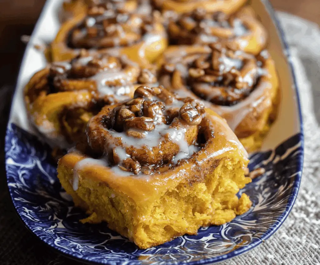 Delicious pumpkin cinnamon rolls topped with icing, perfect for fall dessert or breakfast