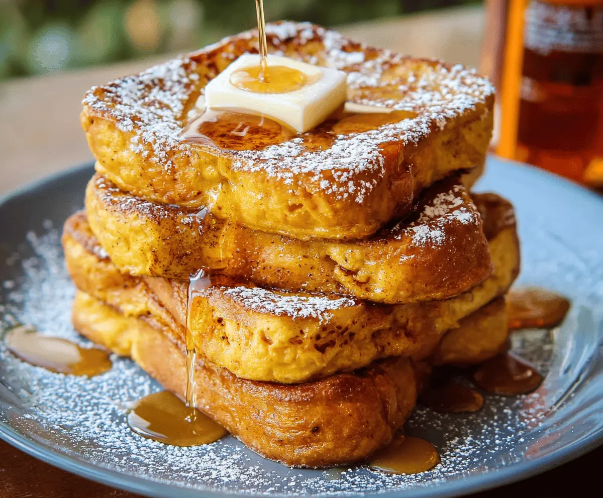 Sweet pumpkin French toast topped with whipped cream and maple syrup on a festive plate, perfect for a cozy breakfast