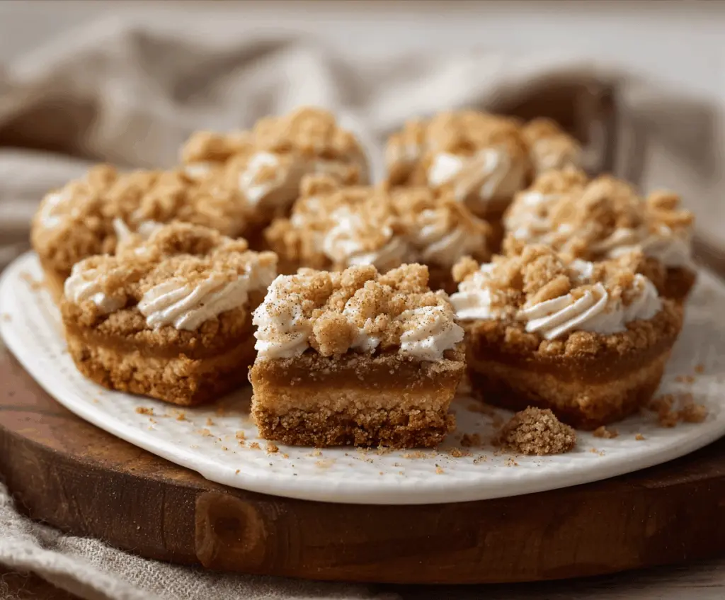 A delicious Pumpkin Pie Cookie Delight featuring a golden-brown cookie base topped with creamy pumpkin filling, whipped cream, and a sprinkle of cinnamon, perfect for fall desserts.