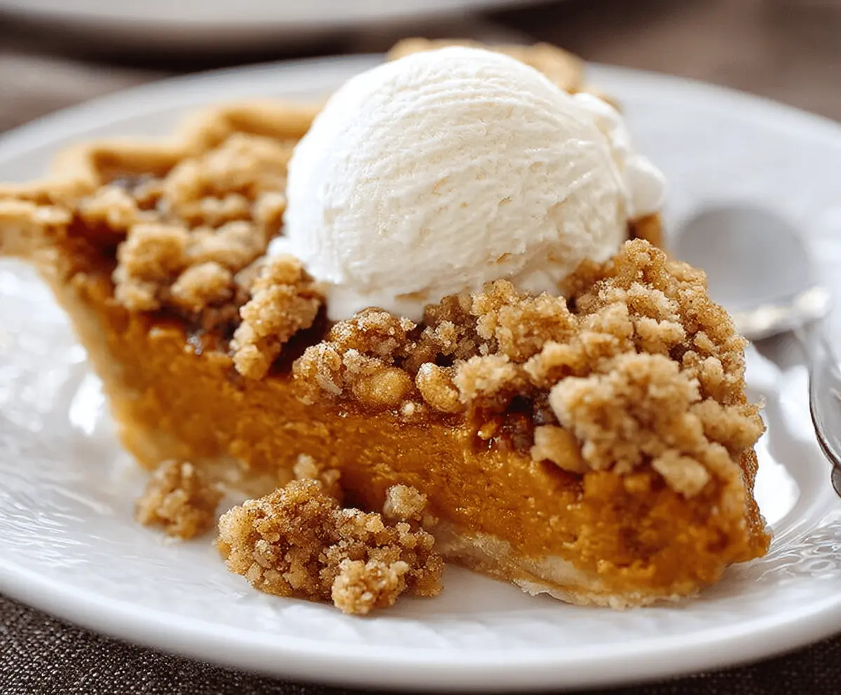Delicious pumpkin pie crisp topped with cinnamon streusel, perfect for fall desserts