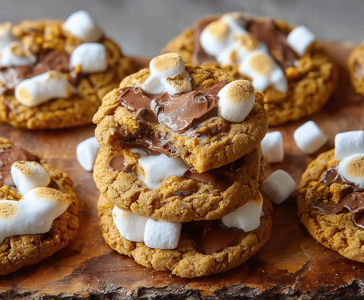 Delicious Pumpkin S'mores Cookie with gooey marshmallows, chocolate, and pumpkin flavor on a rustic wooden table