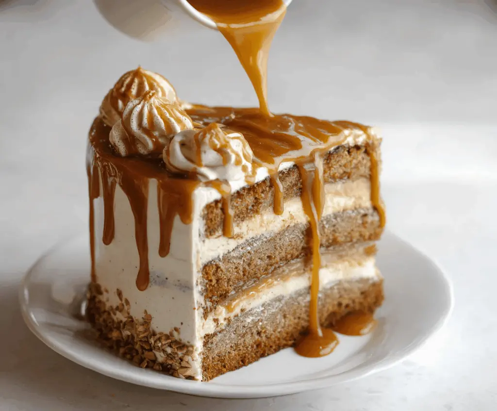 Delicious pumpkin spice latte cake topped with whipped cream and cinnamon, perfect for fall desserts.