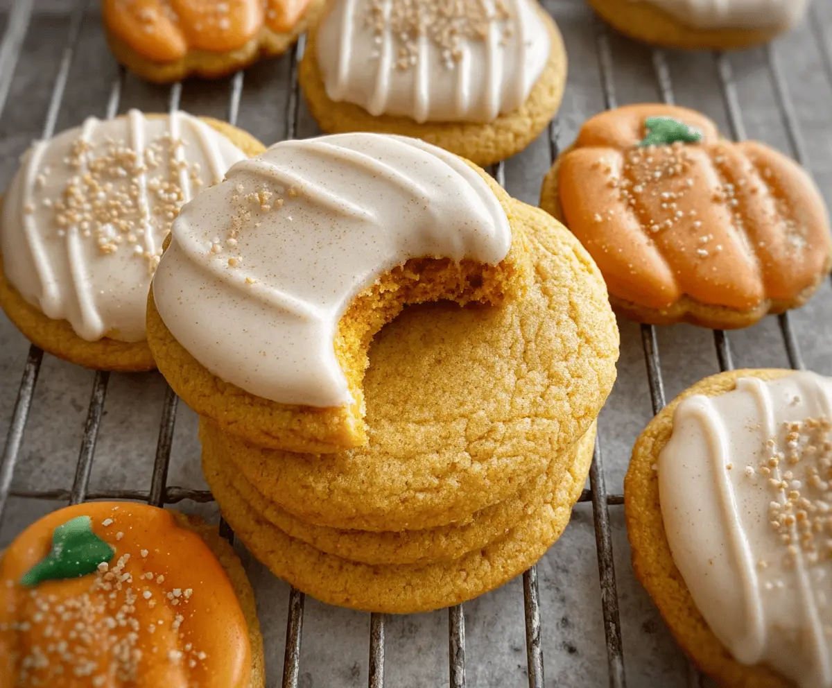 Sweet pumpkin spice sugar cookies decorated with festive icing, perfect for fall treats and holiday baking